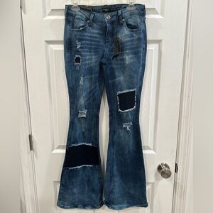 Celebrity pink flare distressed and patched jeans size 5/27 NWT